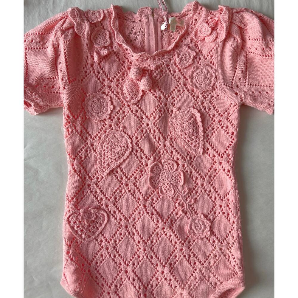 LoveShackFancy NWT Forte Small Peach Pink Strawberry Appliqué Knit Bodysuit - Picture 15 of 16